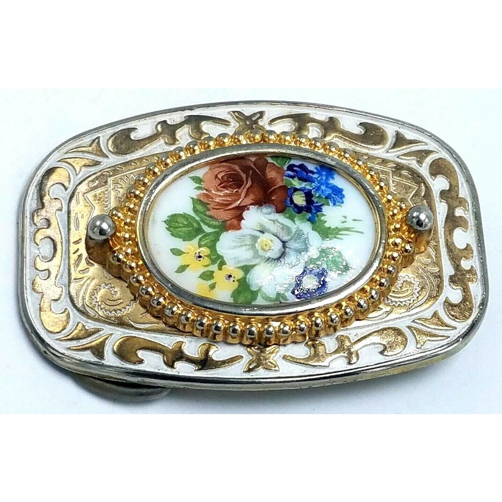 Vtg Metal Western Belt Buckle Gold Tone Western Scroll Painted Porcelain Floral